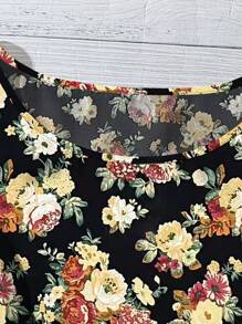 SHEIN LUNE 大码女式花卉印花圆领荷叶边下摆短袖衬衫 - 黃色 - 查看 5