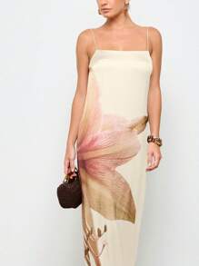 AiiRZ Elegant Floral Satin Maxi Dress Empire Waist Cami Strap Evening Gown Summer Wedding Guest Special Occasion Floor Length,Boho Clothes Women