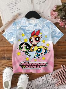 THE POWERPUFF GIRLS X SHEIN 青少年女孩夏季圆领短袖拼色舒适休闲卡通可爱图案T恤 - 白色 - 查看 1