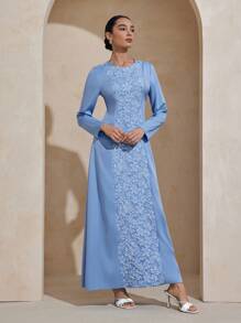 Graceveil Women's Woven Jacquard Patchwork Long Sleeve Slim Fit Sheath Dress - Blue - View 3