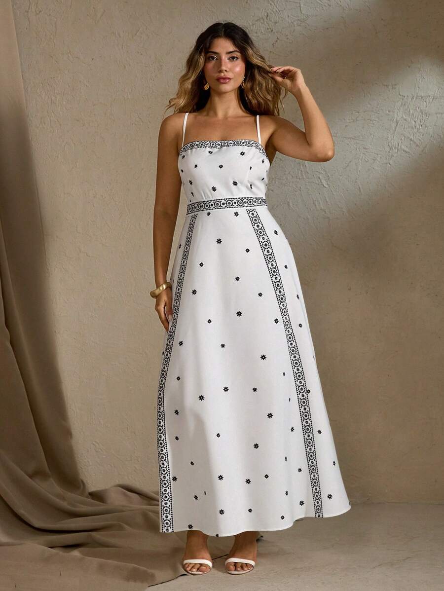 Roveilla Plus Size Modna Wakacyjna Vintage Wzór Nadruk Taliowana Sukienka Maxi Spaghetti Ramiączka - Wielokolorowe - Zobacz 1