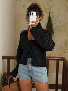 SHEIN VCAY Plus Size Solid Color Hollow Out Short Knit Black Cardigan Y2k Black Summer Top Crochet Tops For Women Eyelet Top For Women Knit Top Summer Tops Going Out Tops Women Crochet Streetwear Tie Front Top Mesh Back To School In Fall/Winter, For Woman