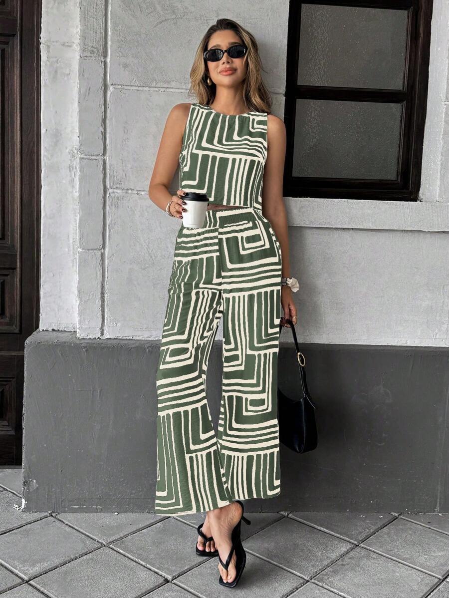 Chiquease Bộ 2 món dành cho nữ, áo hai dây và quần dài in họa tiết hoa kẻ sọc thời trang, phong cách thường ngày đi biển mùa hè. - màu xanh lá - Xem 1