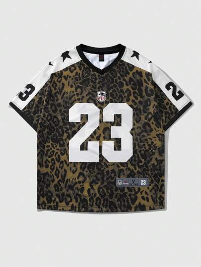 Street Life Maglietta sportiva a maniche corte con stampa leopardata, taglie comode per donne