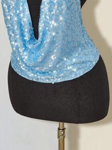 SHEIN ICON 女士性感音乐节度假闪亮亮片透视露背吊带背心，春夏 - 藍色 - 查看 7