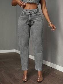 SHEIN PETITE Women's Asymmetric Waist Pocket Straight Leg Loose Casual Jeans - Grey - View 1