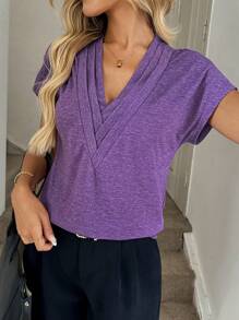 Easowa Solid V Neck Batwing Sleeve Tee - Purple - View 3