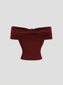 Sweetra 女式春夏新款露肩绿色纯色柔软面料性感通勤日常穿着金色装饰上衣 - 酒紅色 - 查看 2