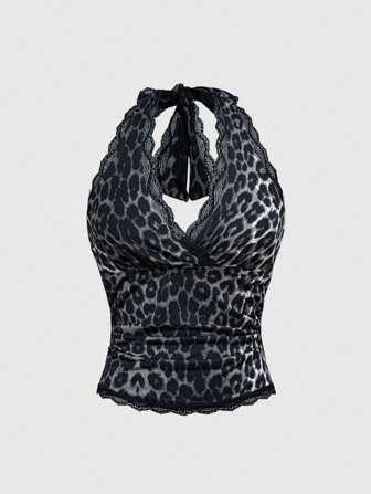 Grunge Punk Sommer Mode Y2K Spitzen Leoparden Muster Trägershirt für Frauen