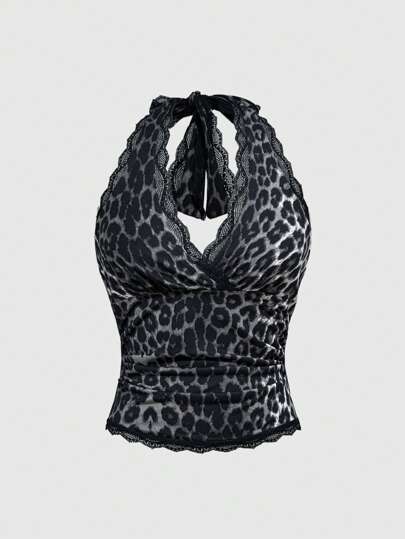 Grunge Punk Top de tirantes de mujer con estampado de leopardo y encaje, estilo de moda veraniego Y2K