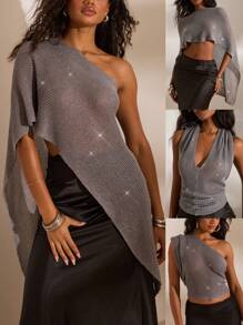Opulessa Top poncho sexy multiusos sin espalda brillante para mujeres, ideal para vacaciones de verano en la playa, graduación, fiestas de cumpleaños, maestras, clubes nocturnos y aeropuertos - Gris - Ver 1