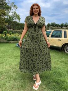 SHEIN EZwear Plus Size Botanical Print V-Neck Short Sleeve Long Dress - Green - View 5