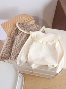 SHEIN 2 件装年轻女孩彼得潘领棕色花卉印花 T 恤，乡村风格，春夏 - 彩色 - 查看 2