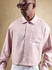 SUMWON Classic Crop Fit Check Print Button Down Collar Long Sleeve Casual Layered Pocket Shirt Spring Fall Fashion - Pink - View 3