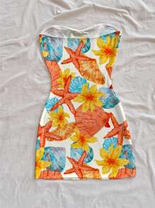 Soleia Vestido mini estampado con elementos acuáticos en naranja vibrante de acuarela para mujer, versátil y casual para uso diario, citas, te de la tarde, playa, crucero, vacaciones en la ciudad, adecuado para todas las estaciones, boda, playa, vacaciones de primavera/verano, crucero, vacaciones en una isla, festival de música, vacaciones bohemias