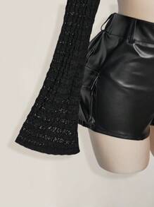 SHEIN ICON Plus Size Knitted Jacquard Hollow Short Trumpet Sleeve Top (No Tube Top) - Black - View 7