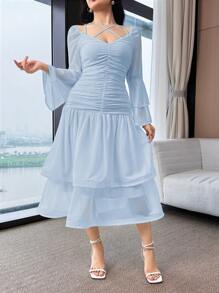 Modelyn Women's Casual Solid Color Ruched Waist Mid-Length Dress - Blue - View 3