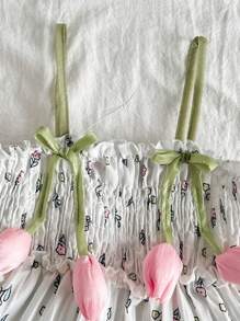 SHEIN Vintaside Kids 女婴碎花连衣裙，3D 花朵装饰，可爱雏菊和郁金香图案，时尚百搭春夏季休闲连衣裙 - 彩色 - 查看 5