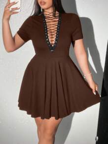 Viva Relle Plus Size Women Summer Sexy Ribbed V-Neck Tie Front Dress - Coffee Brown - View 5