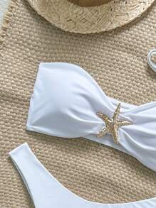 Swim Vcay 女士纯色细肩带海星金属装饰性感比基尼套装，夏季