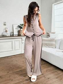 SHEIN Bộ đồ ngủ nữ gồm áo cardigan màu trơn đơn giản và quần dài, trang phục mặc nhà thường ngày - Màu Khaki - Xem 5