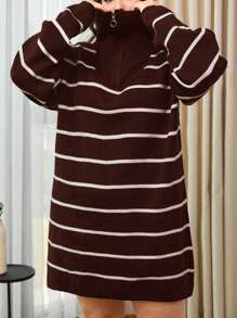 EURMUSE Plus Size Front Zipper Long Sleeve Striped Casual Top, Everyday Wear - Brown - View 5