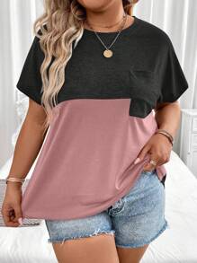 Camiseta gráfica de manga murciélago con bloques de color para mujer tallas grandes, casual de verano - Multicolor - Ver 4