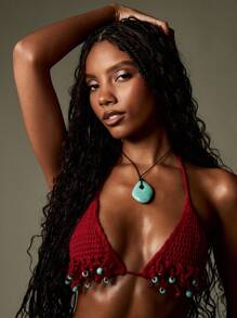 MISSGUIDED Handmade Crochet Boho Beach Bikini Set With Turquoise Beads Summer Poolside Swimsuit Resort Wear Vacation Beachwear - Burgundy - View 4