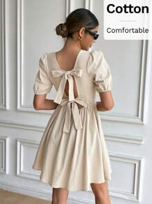 Serisse 女式圆领优雅短袖迷你连衣裙，带蝴蝶结装饰 - 杏色 - 查看 3