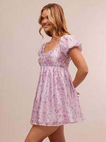 WESTFADE Robe mini d'été imprimée florale en jacquard, col en coupe basse, manches courtes bouffantes, nœud papillon, dos ouvert, style boho cowgirl country western pour concert, vacances à la plage, brunch, remise de diplôme - Prune - Voir 6