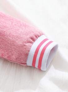 年轻女孩长袖粉色运动夹克，复古美式街头风格设计！粉色拼色条纹罗纹泰迪熊刺绣衣领，适合郊游、约会、校园、日常穿着、旅行、与朋友聚会和派对 - 打造酷炫女孩造型！ - 粉色 - 查看 5