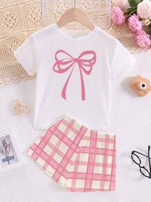 SHEIN Leap Crew 青少年女孩休闲简约蝴蝶结图案圆领短袖 T 恤和格子印花短裤睡衣套装，适合夏季居家清爽 - 彩色 - 查看 2