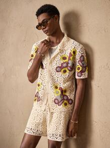 AKNOTIC 2 Stück/Set Herren gestrickte lässige lose Poloshirt mit Kurzarm und gerade geschnittene Short mit Gummibund, geeignet für Sommer, Urlaub, Alltag, Party, Paar-Outfit, Herren Geschenk, Reiseessentials - Aprikosenfarben - Übersicht 1