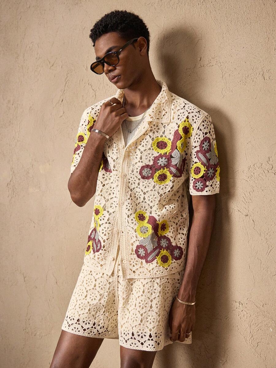 AKNOTIC 2 Stück/Set Herren gestrickte lässige lose Poloshirt mit Kurzarm und gerade geschnittene Short mit Gummibund, geeignet für Sommer, Urlaub, Alltag, Party, Paar-Outfit, Herren Geschenk, Reiseessentials - Aprikosenfarben - Übersicht 1