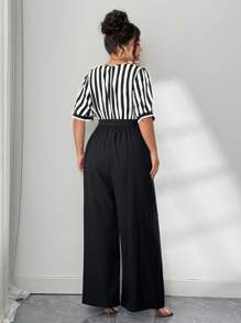 Elenzga 大码女士时尚休闲独特高端条纹拼接 3D 花卉连体裤，适合夏季日常通勤和办公室穿着，“Kooky Elegance Collection (Woe Is Me Vibes)(Wednesday Aesthetic)” - 黑與白 - 查看 8