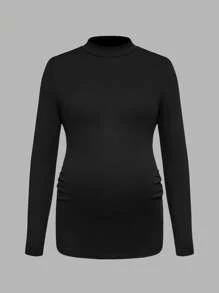 Modmama Autumn And Winter  Pregnant Women Plain Stand Collar Long Sleeve Casual Pleated T-Shirt