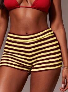 Athîral 女士条纹松紧腰修身休闲短裤