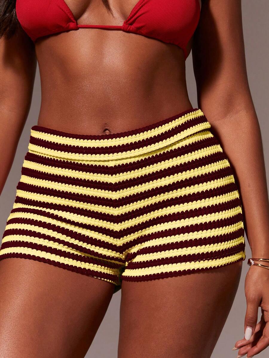 Athîral 女士条纹松紧腰修身休闲短裤