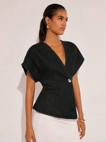 COSMINA Women's Metal Single Button Bat Wing Short Sleeve Fashionable Denim Blouse, Summer - Black - View 5