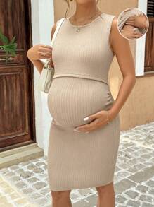 SHEIN Pregnant Women Summer Casual Solid Color Sleeveless Fitted Nursing Dress - Khaki - View 3