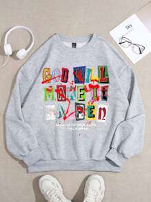 Slaydiva 2025 Autumn/Winter Street Style Y2K, Religious Belief, "God Will Make It Happen" Letter Print Loose Fit Crew Neck Long Sleeve Sweatshirt For Women