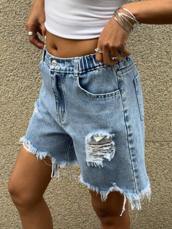 Tween Girl Distressed Hem Denim Shorts With Elastic Waist And Zipper Closure