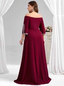 Coutiva Vestido de noche formal de talla grande con hombros descubiertos, cintura ceñida, abertura y decoración de cristales (estilo muy adornado)