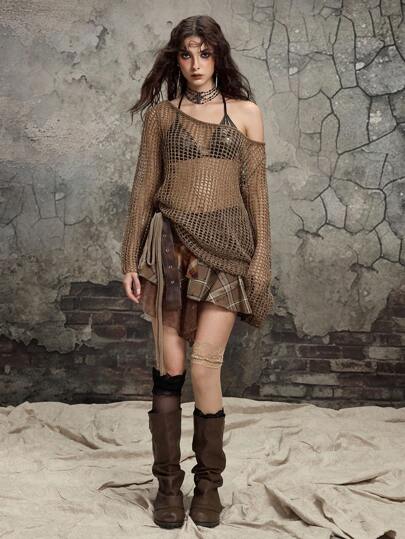 Grunge Punk Top tricoté oversize à col asymétrique et effet vintage délavé pour femmes. Tricot ajouré pour l'automne et l'hiver