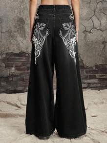 ROMWE Grunge Punk Punk Distressed Oversized Cross & Vine Printed Straight Leg Extra Long Jeans - Black - View 7