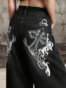 ROMWE Grunge Punk Punk Distressed Oversized Cross & Vine Printed Straight Leg Extra Long Jeans - Black - View 2