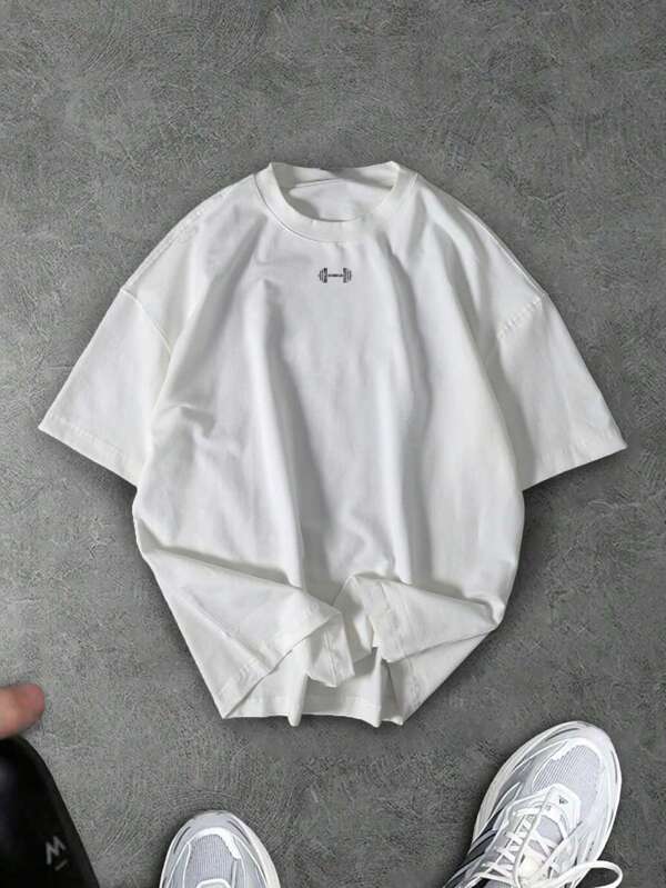 Manfinity Sport Corelite Camiseta holgada de entrenamiento para hombre con cuello redondo, manga corta y estampado gráfico de barra, transpirable