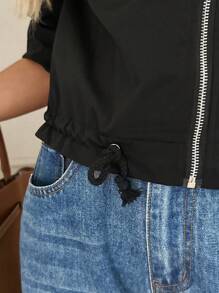 Easowa 女式拉鍊扣翻邊短罩衫 - 黑色 - 查看 6