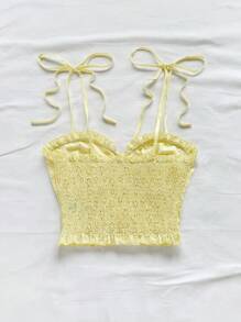 Soleia 白色花卉纹理荷叶边下摆女士吊带背心，适合度假穿着 - 黃色 - 查看 3