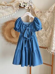 SHEIN Vintaside Kids 女童夏季方领泡泡袖时尚高端大方牛仔连衣裙，适合派对、家庭聚会、学校活动 - 藍色 - 查看 3